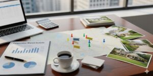 real estate agent's desk set up to perform a Comparative Market Analysis